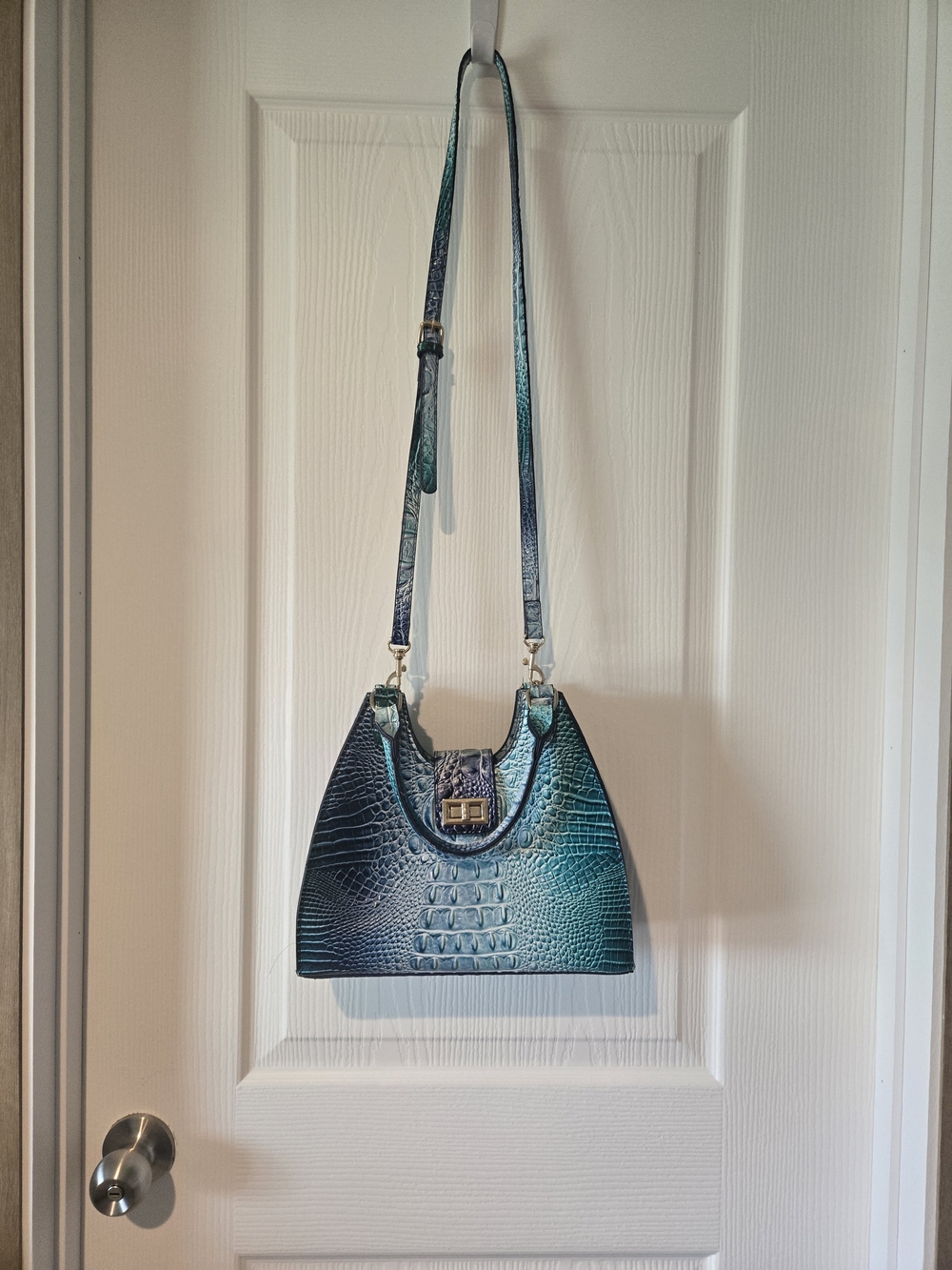 Teal Croc-Embossed Leather Shoulder Bag - Women